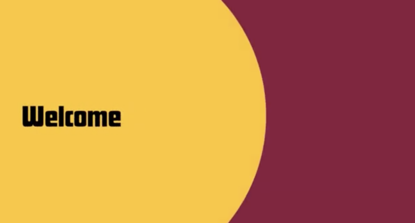 A marron background with a yellow circle on the left-hand side. The word Welcome is written in black lettering.